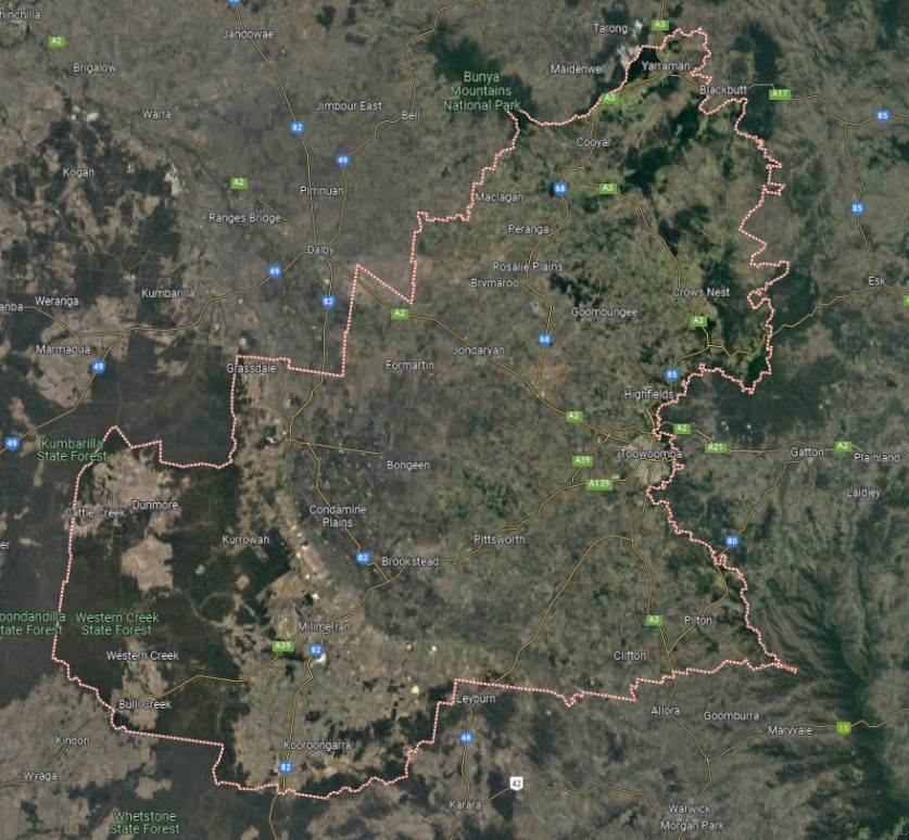 Toowoomba Regional Area Location, QLD – Google Maps